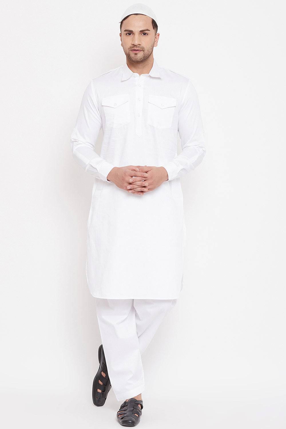 Shop White Solid Pathani Kurta Set For Men Online