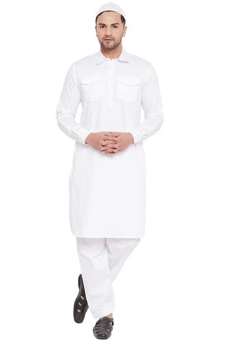 Buy Men's Blended Cotton Solid Pathani Kurta Set in White