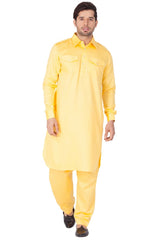 Men's Cotton Solid Pathani Suit Set in Yellow