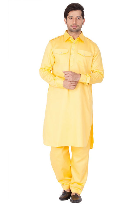 Men's Cotton Solid Pathani Suit Set in Yellow