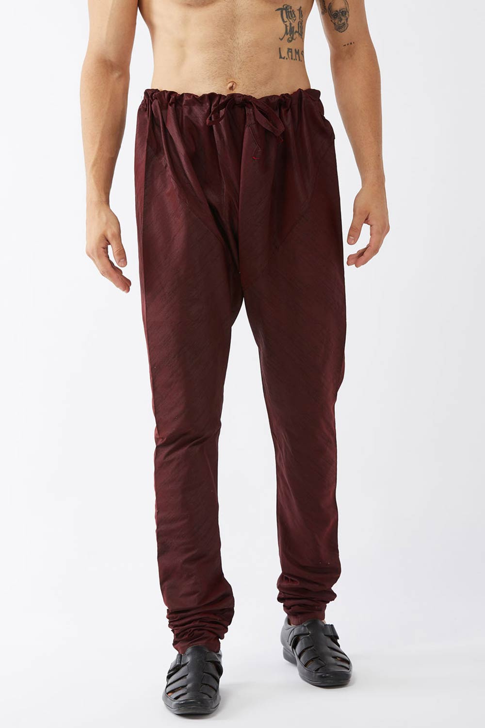 Buy Men's Cotton Silk Blend Solid Churidar in Wine