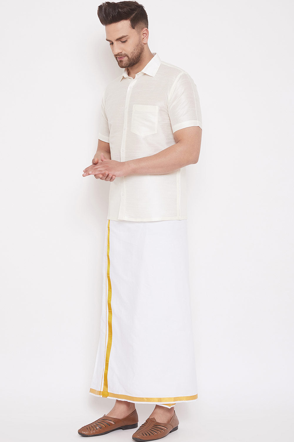 Art Silk Solid Cream Shirt and Mundu