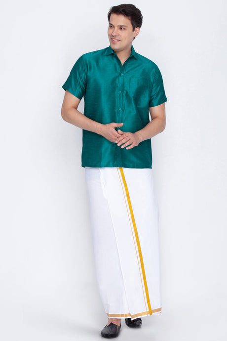 Green Art Silk Shirt and Mundu for Men's