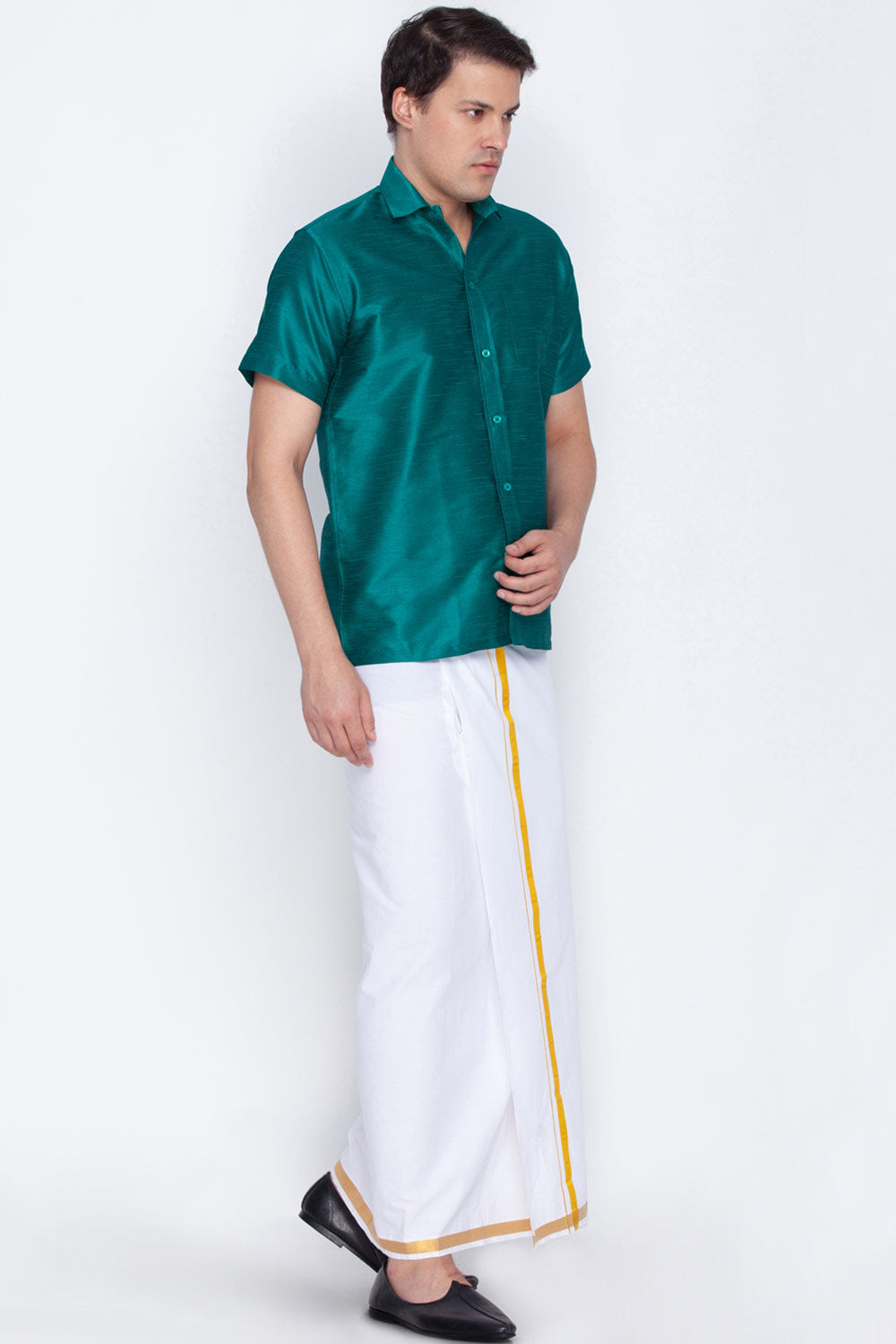 Art Silk Solid Green Shirt and Mundu