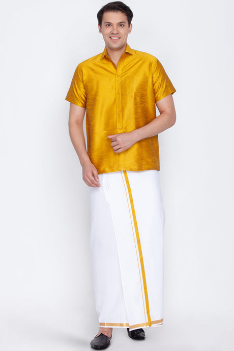 Yellow Art Silk Shirt and Mundu for Men's