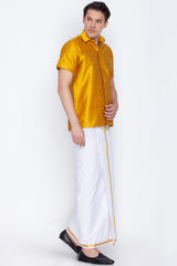 Art Silk Solid Yellow Shirt and Mundu