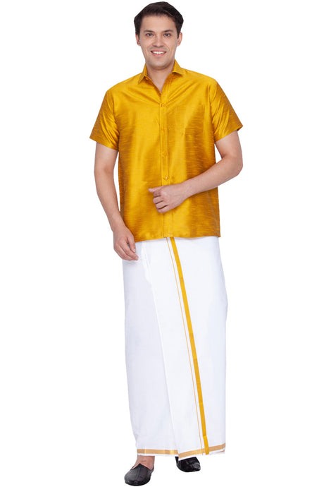 Buy Art Silk Solid Shirt and Mundu in Yellow
