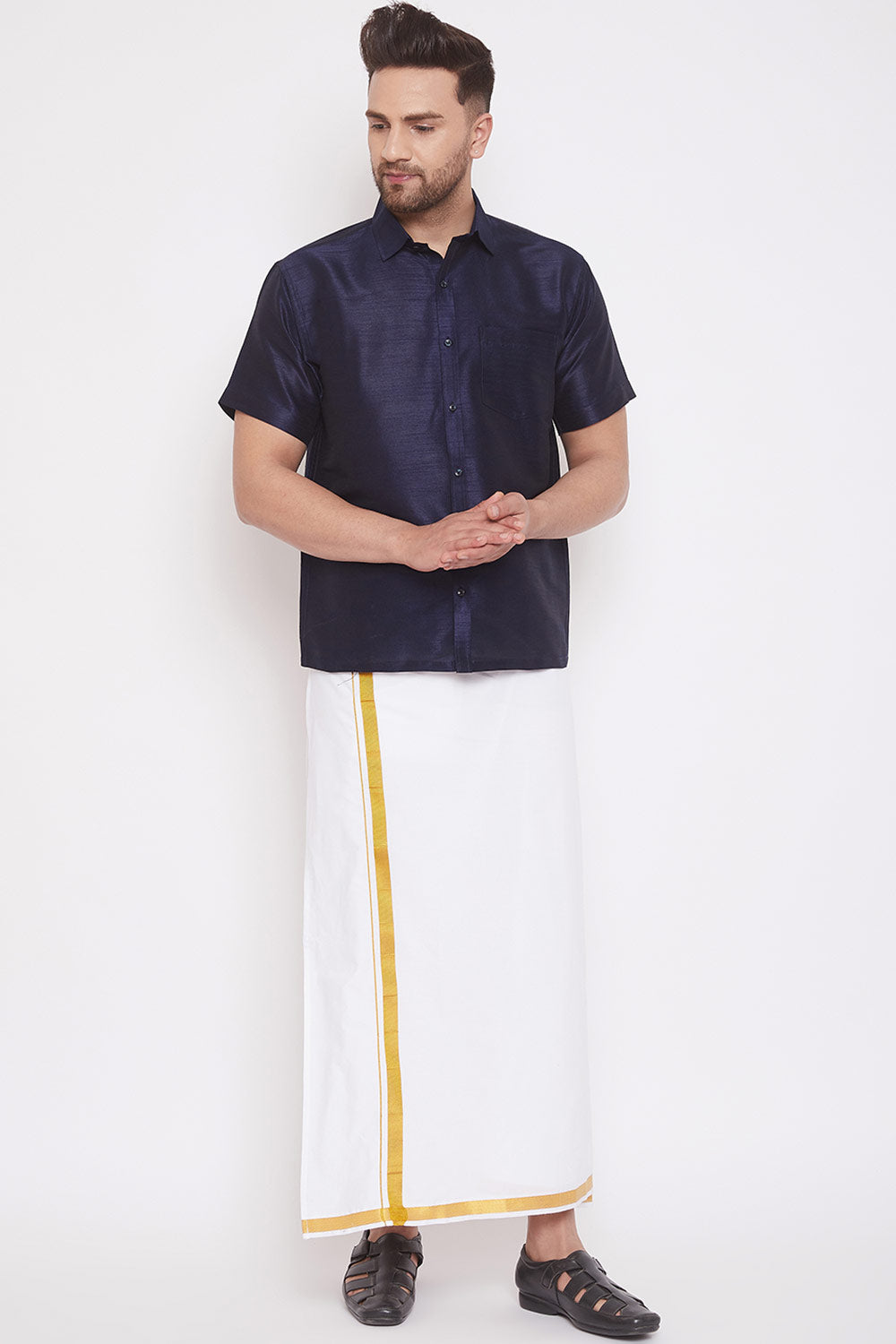 Navy Blue Art Silk Shirt and Mundu for Men's