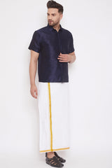 Art Silk Solid Navy Blue Shirt and Mundu