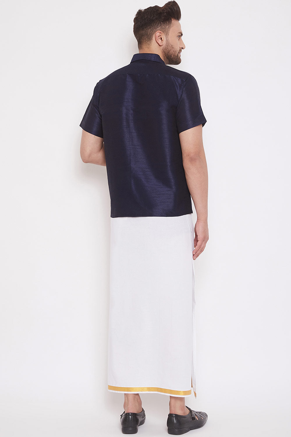 Solid Navy Blue Shirt and Mundu for Casual Wear