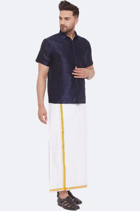 Buy Art Silk Solid Shirt and Mundu in Navy Blue