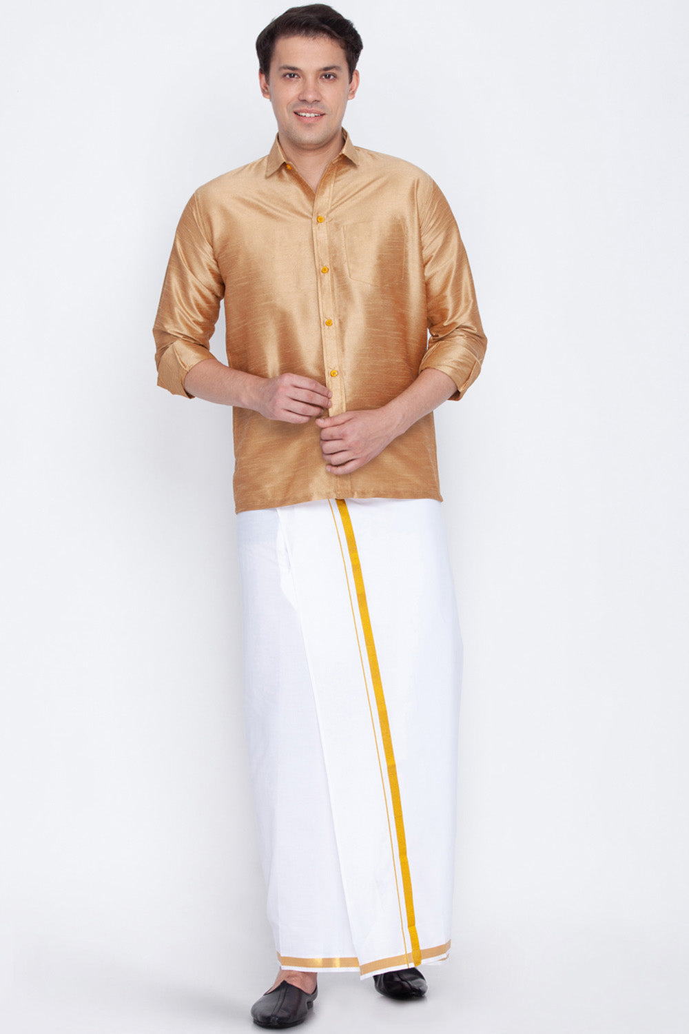 Men's Cotton Art Silk Ethnic Shirt In Gold