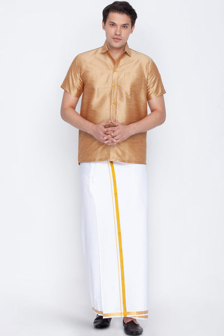 Golden Art Silk Shirt and Mundu for Men's