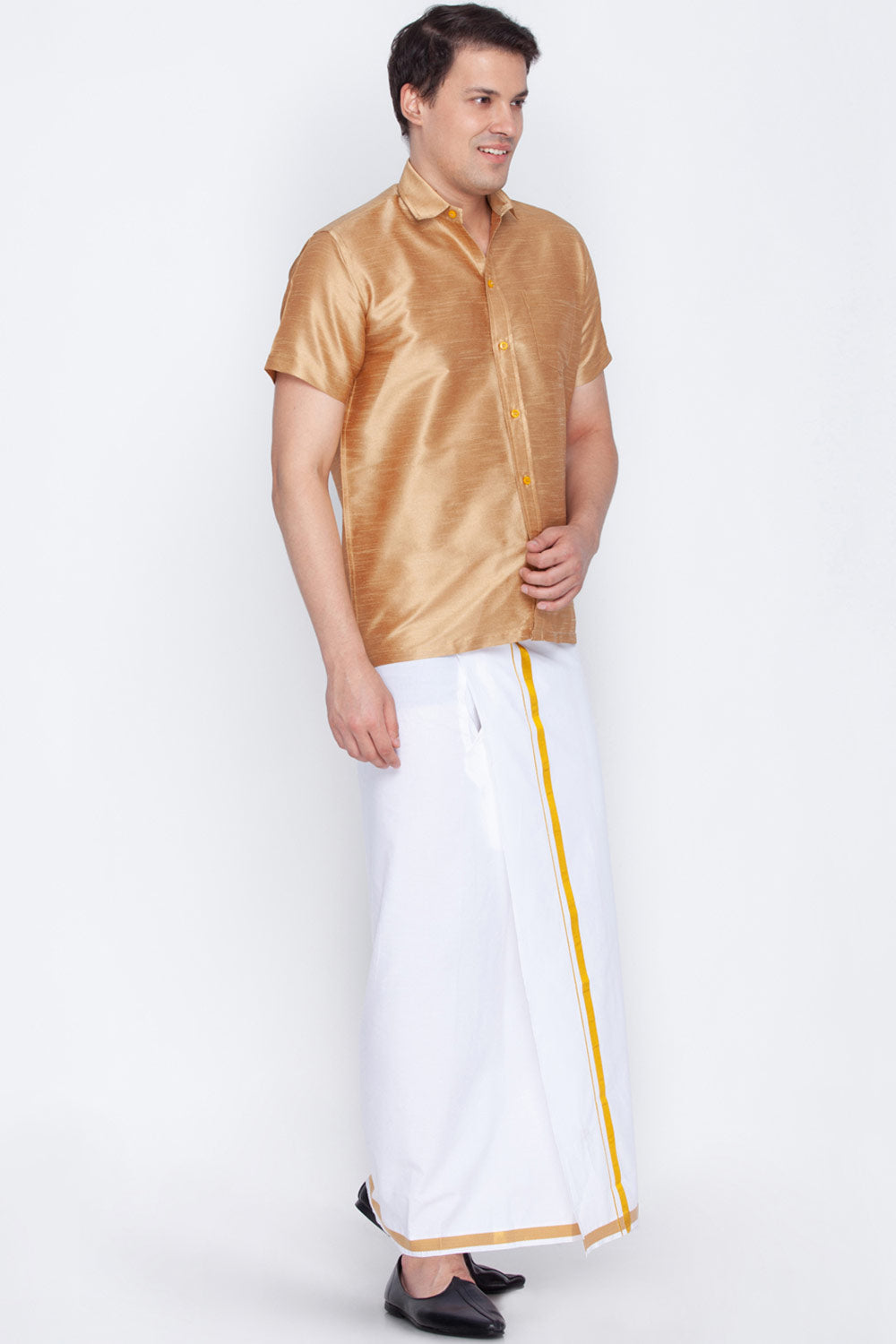 Art Silk Solid Golden Shirt and Mundu