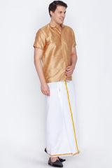 Art Silk Solid Golden Shirt and Mundu