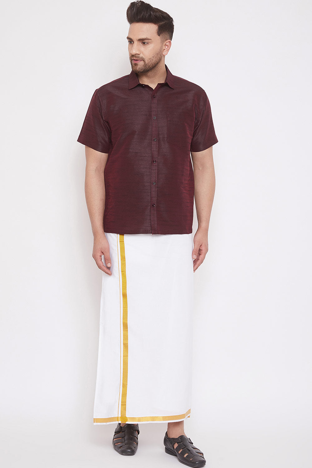 Maroon Art Silk Shirt and Mundu for Men's
