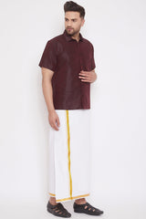 Art Silk Solid Maroon Shirt and Mundu