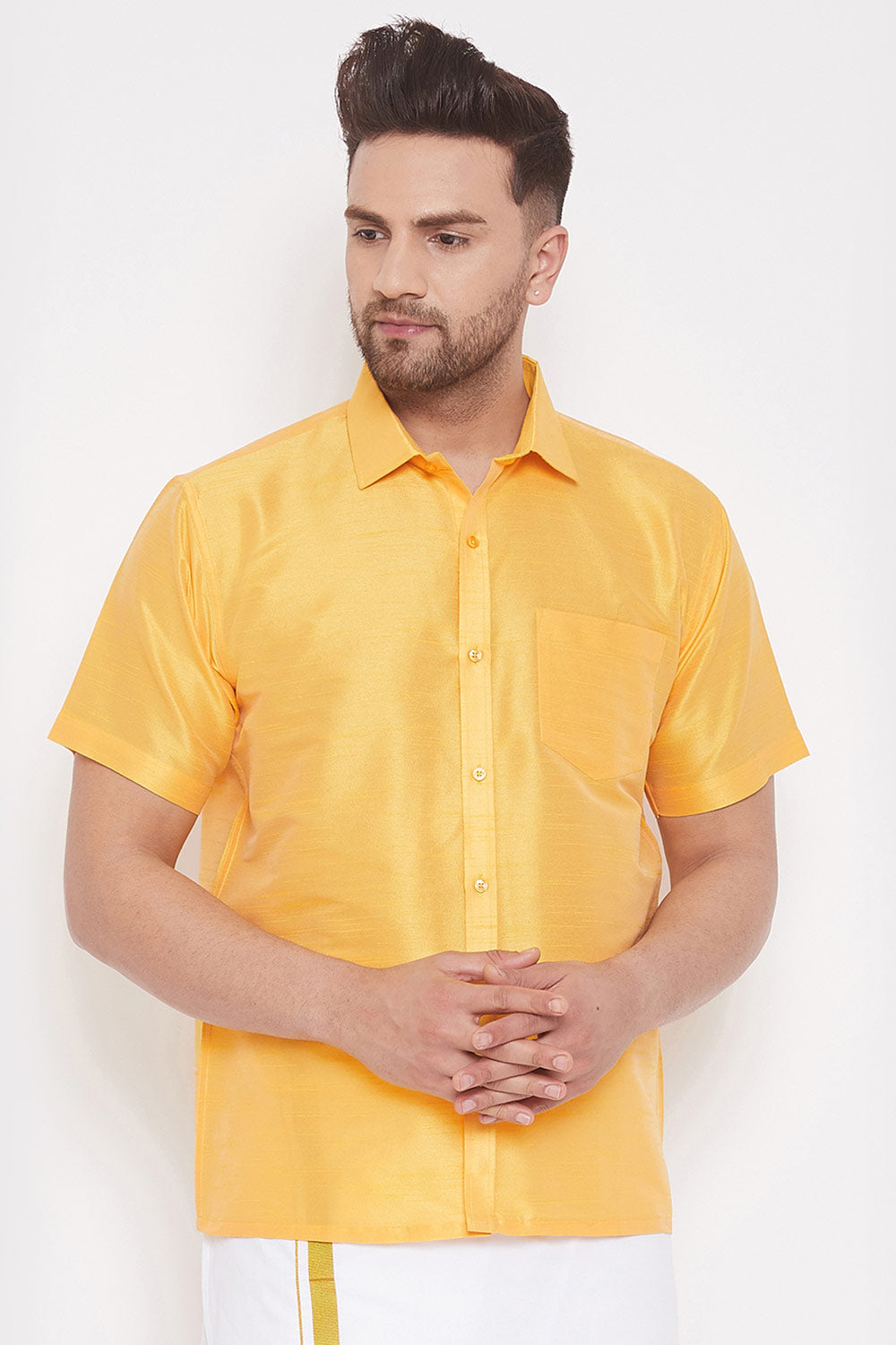 Men's Yellow Art Silk Shirt 