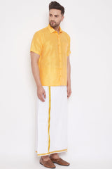 Art Silk Solid Yellow Shirt and Mundu