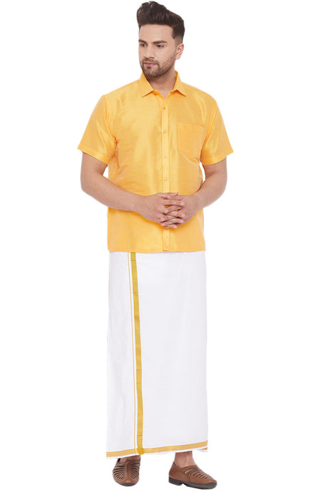 Buy Art Silk Solid Shirt and Mundu in Yellow