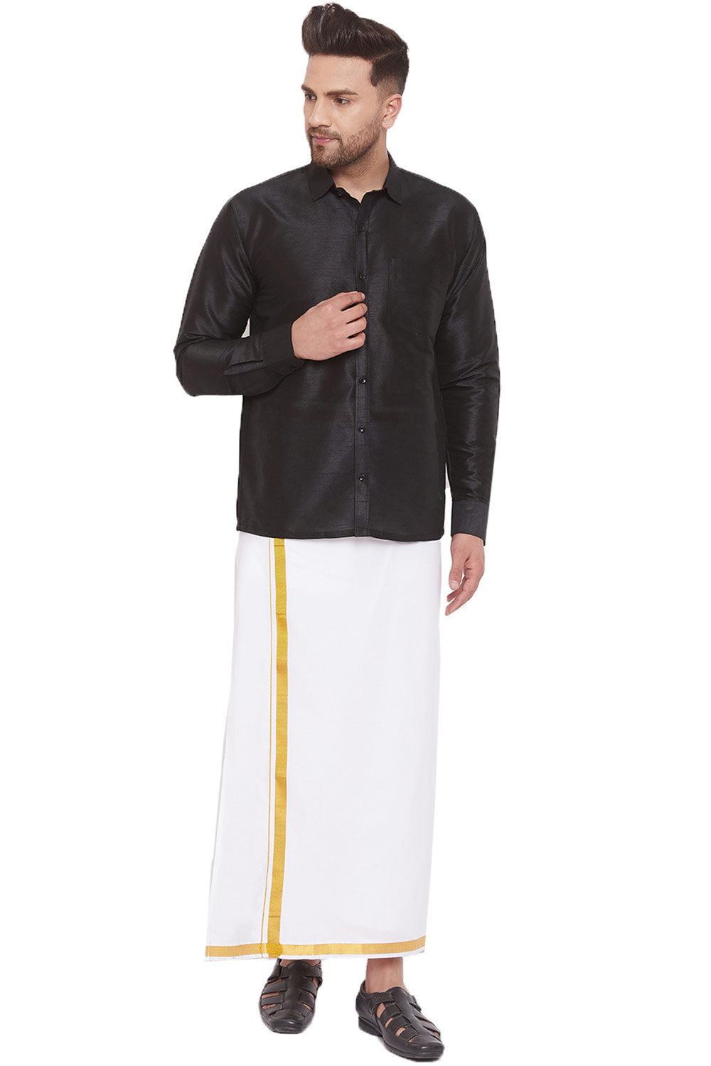 Buy Art Silk Solid Shirt and Mundu in Black