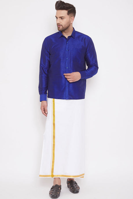 Blue Art Silk Shirt and Mundu for Men's