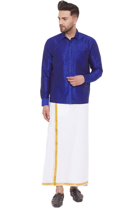 Buy Art Silk Solid Shirt and Mundu in Blue