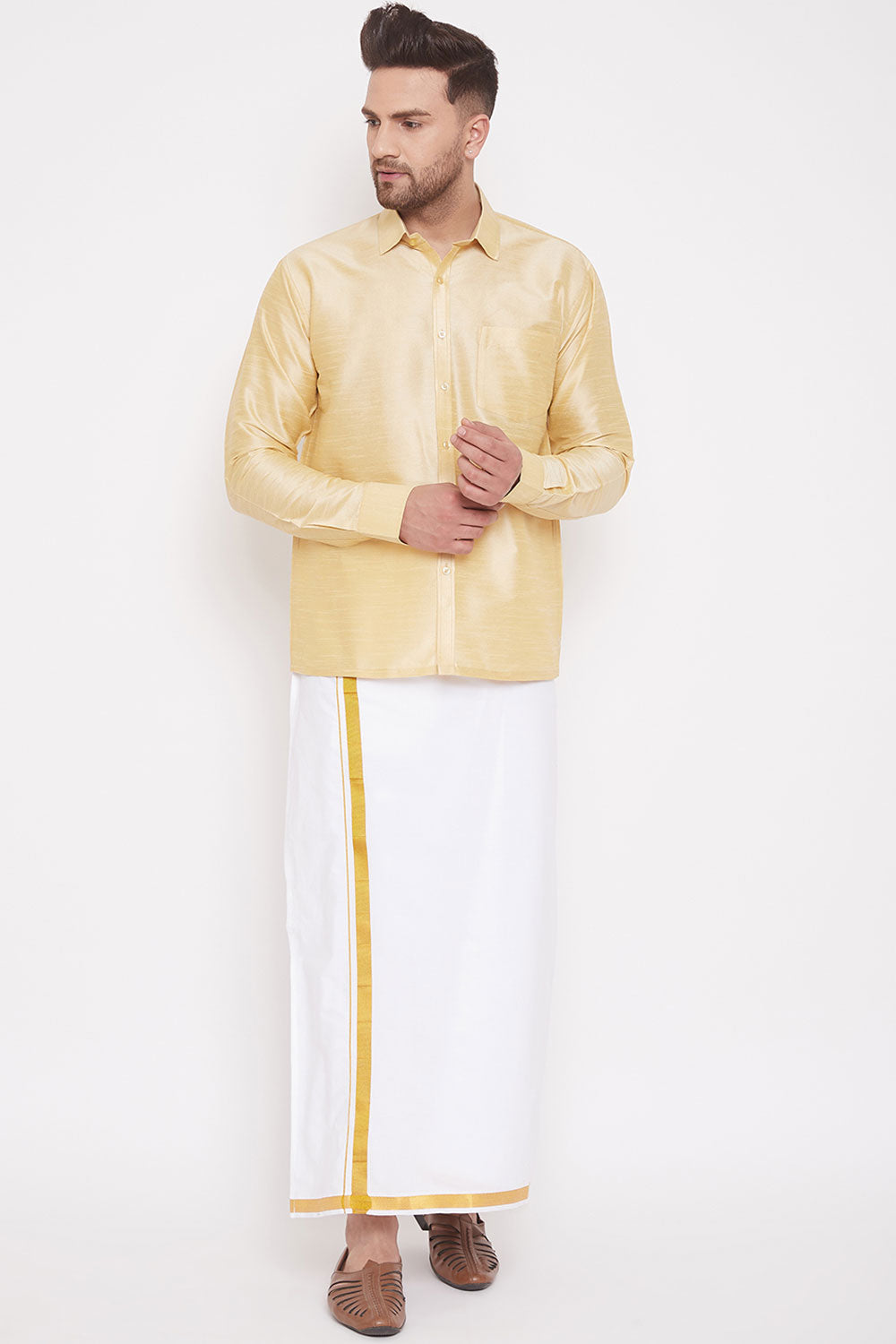 Cream Art Silk Shirt and Mundu for Men's