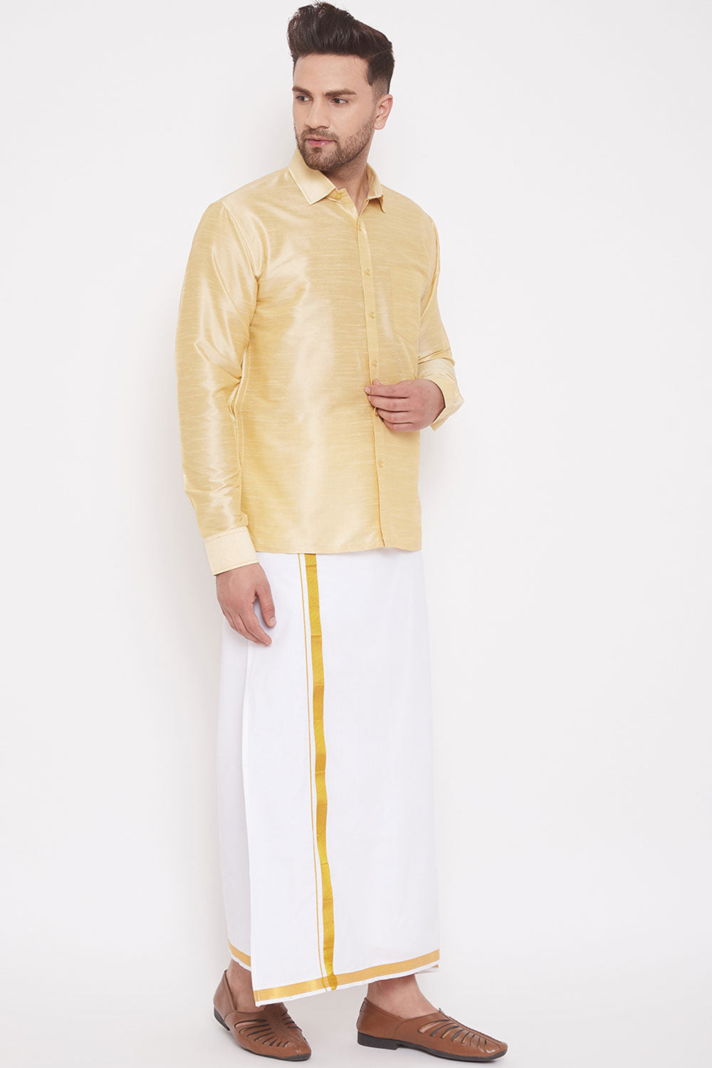 Art Silk Solid Cream Shirt and Mundu