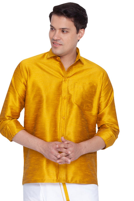 Buy Men's Cotton Silk Blend Solid Shirt in Mustard