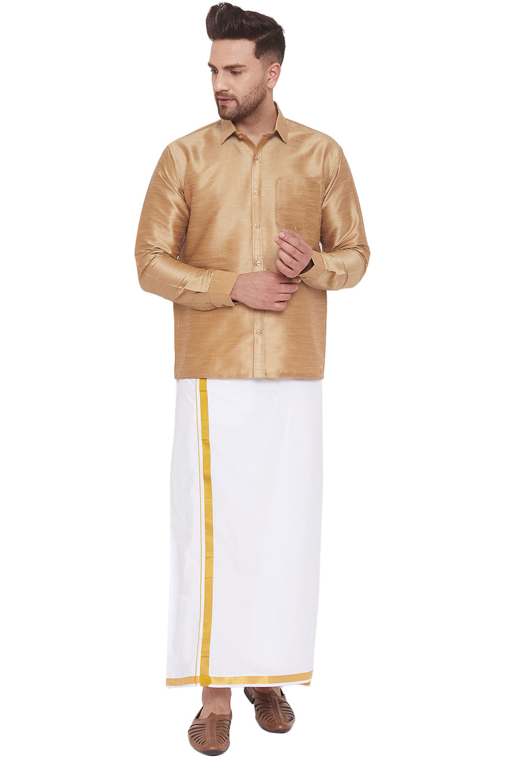 Buy Art Silk Solid Shirt and Mundu in Golden