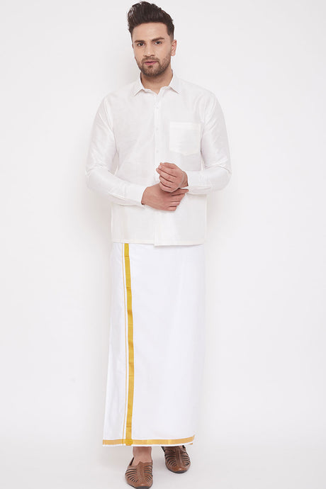White Art Silk Shirt and Mundu for Men's