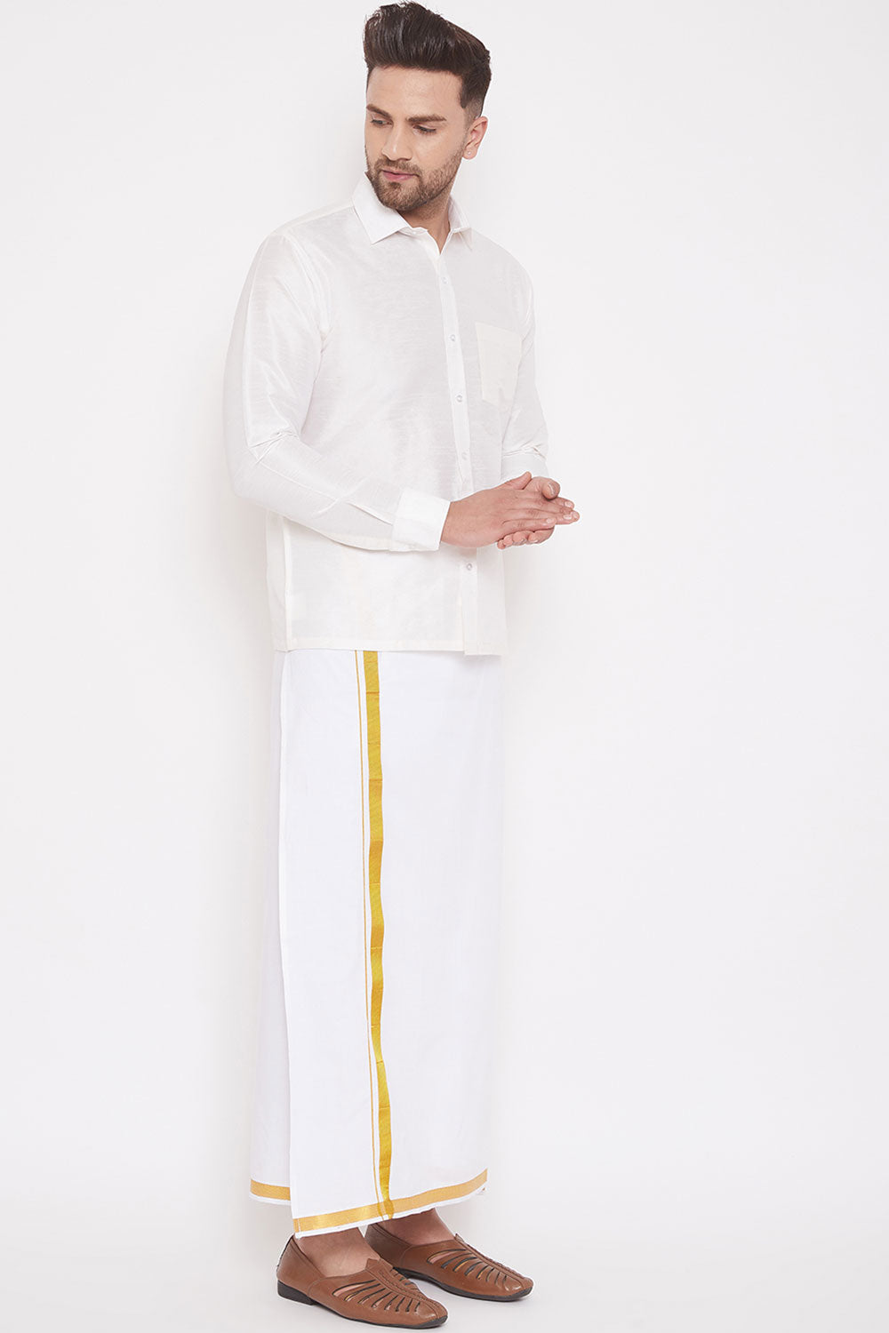 Art Silk Solid White Shirt and Mundu