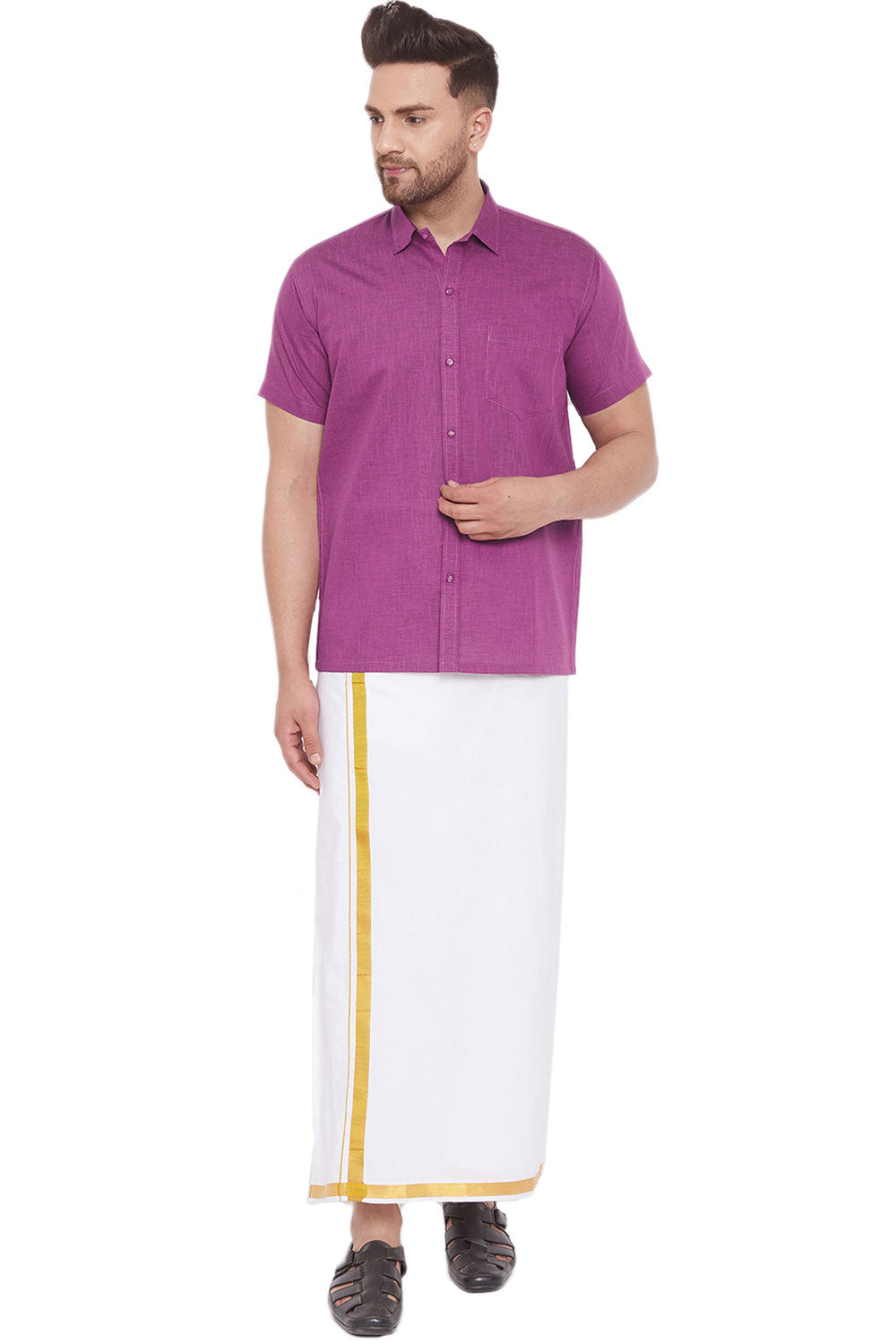 Buy Blended Cotton Solid Shirt and Mundu in Pink
