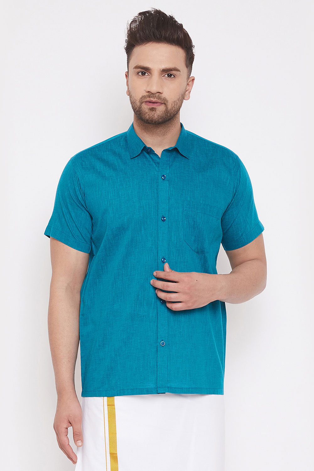 Turquoise Blended Cotton Shirt for Men's