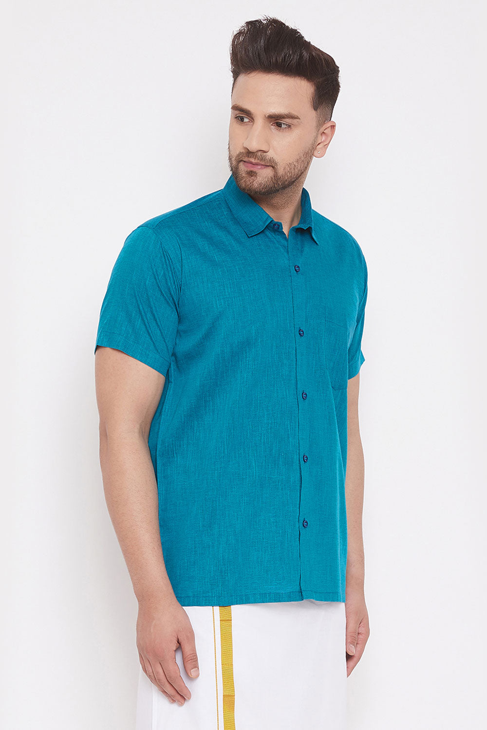 Blended Cotton Turquoise Solid Men's Shirt