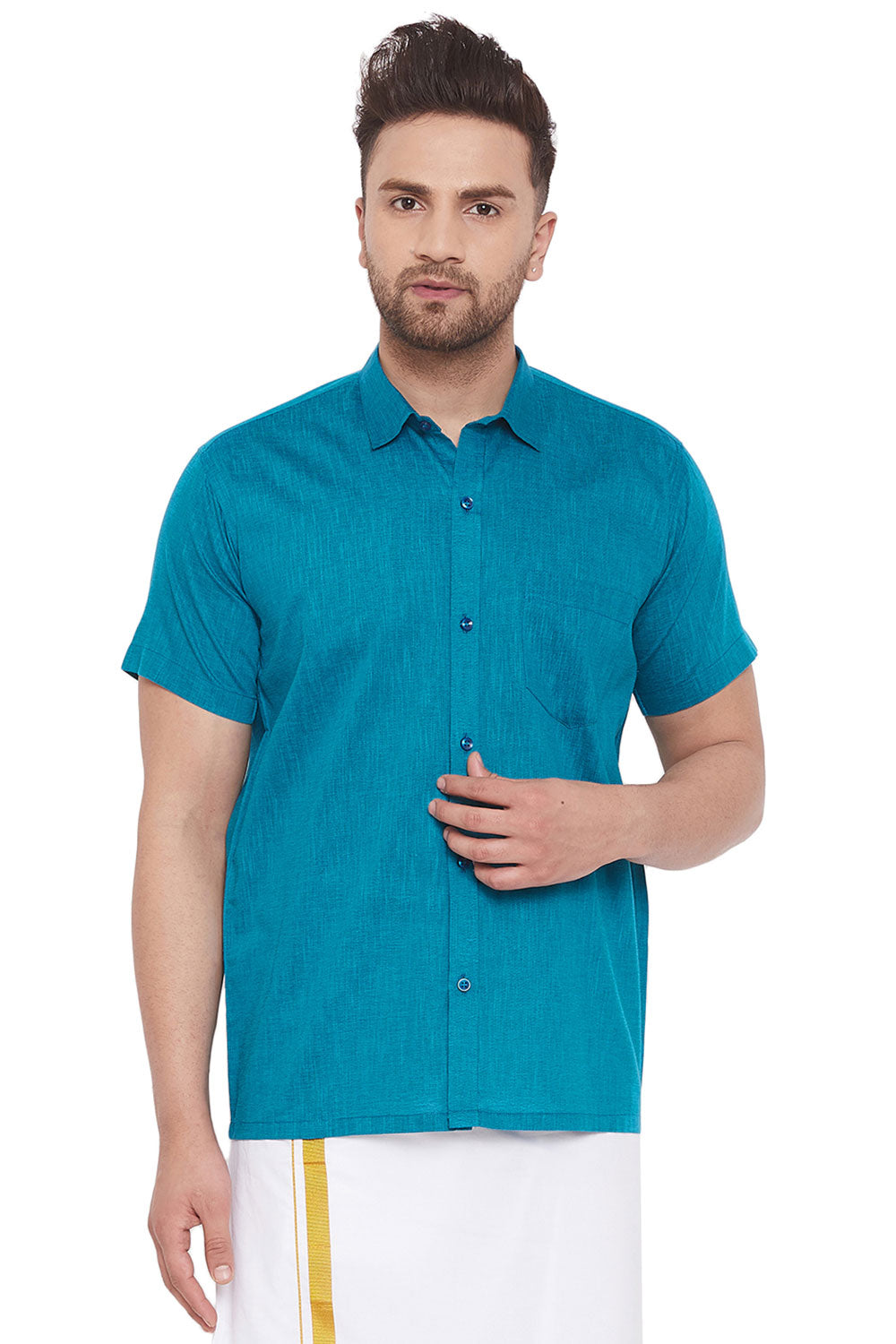 Buy Blended Cotton Solid Shirt in Turquoise