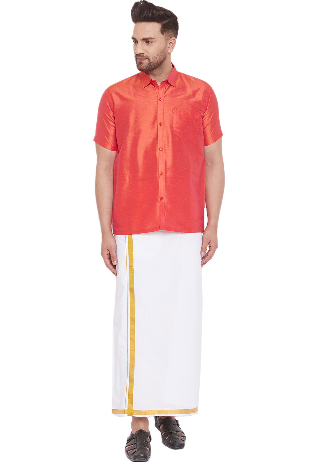 Buy Art Silk Solid Shirt and Mundu in Red