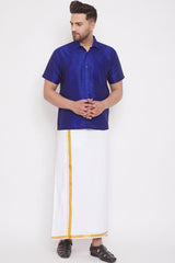 Blue Art Silk Shirt and Mundu for Men's