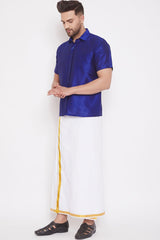 Art Silk Solid Blue Shirt and Mundu