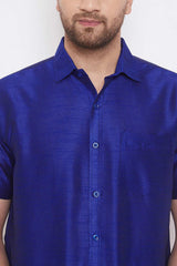 Art Silk Blue Shirt and White Mundu