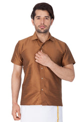 Men's Cotton Art Silk Solid Ethnic Shirt in Brown