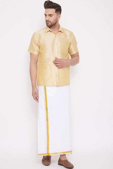 Cream Art Silk Shirt and Mundu for Men's