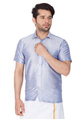 Men's Cotton Art Silk Solid Ethnic Shirt In Light Blue