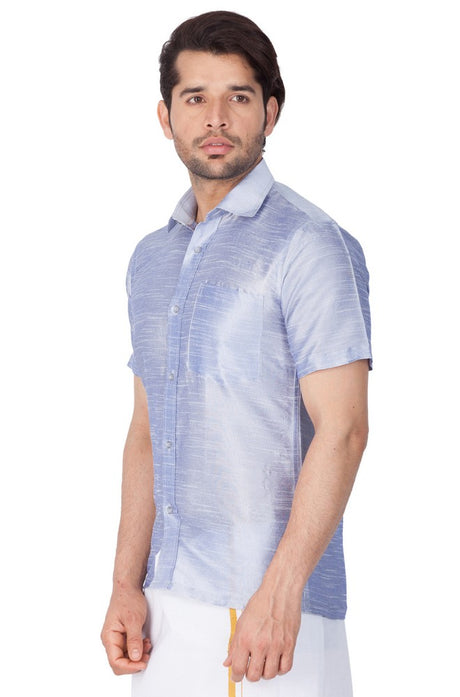 Men's Cotton Art Silk Solid Ethnic Shirt In Light Blue