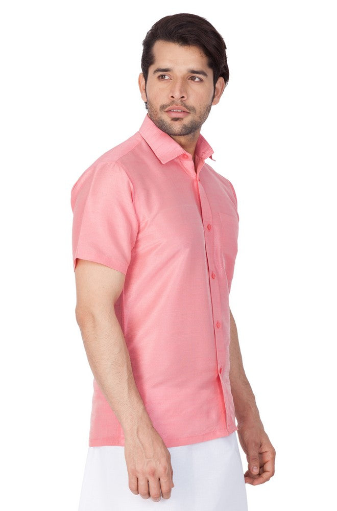 Men's Cotton Art Silk Solid Ethnic Shirt In Pink