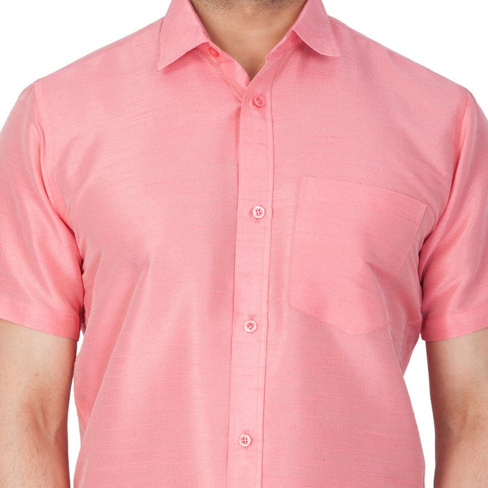 Men's Cotton Art Silk Solid Ethnic Shirt In Pink