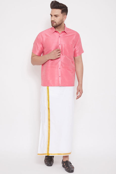 Pink Art Silk Shirt and Mundu for Men's