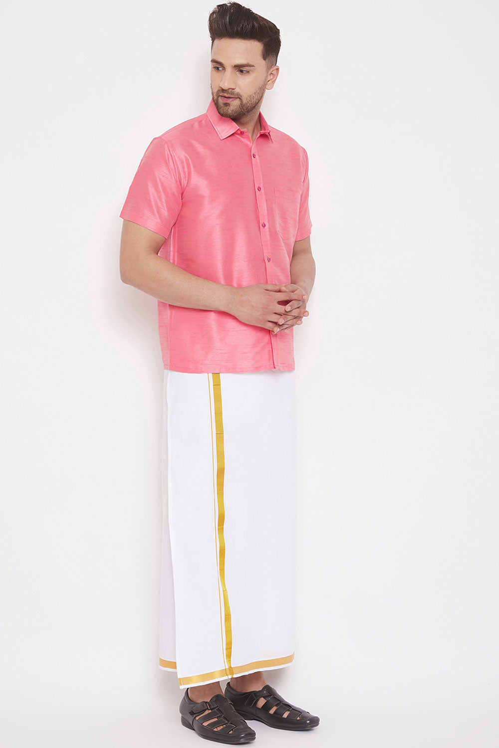 Art Silk Solid Pink Shirt and Mundu