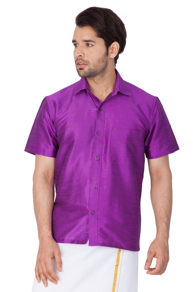 Men's Cotton Art Silk Solid Ethnic Shirt In Purple